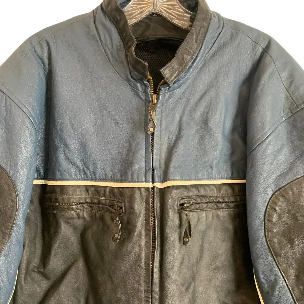 VTG Bikers Dream Mens 2XL Sz 54 Leather Jacket Motorcycle Coat Blue Racer Zip Up